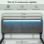 Lit coffre 140 x 190 cm avec éclairage LED, tête de lit réglable, cadre de lit double, sommier à lattes en bois, gris