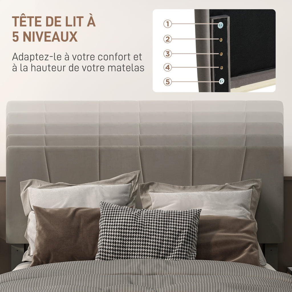 Cadre de lit double 140 x 190 cm lit 2 personnes tête de lit réglable sommier 150 x 198 x 100/105/110/115/120 cm gris