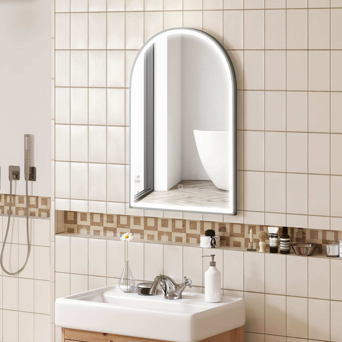 Miroir de salle de bain LED 90 x 60cm, mural, 3 couleurs, arqué cadre en aluminium, désembuage et interrupteur tactile