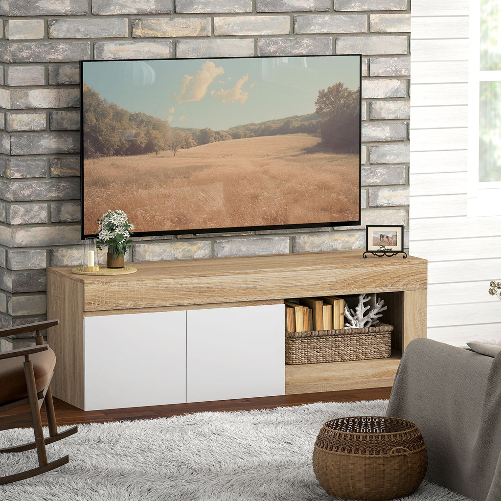 Meuble TV 2 portes pour téléviseurs jusqu'à 60 pouces, meuble télé avec placard et étagère ouverte, effet bois naturel