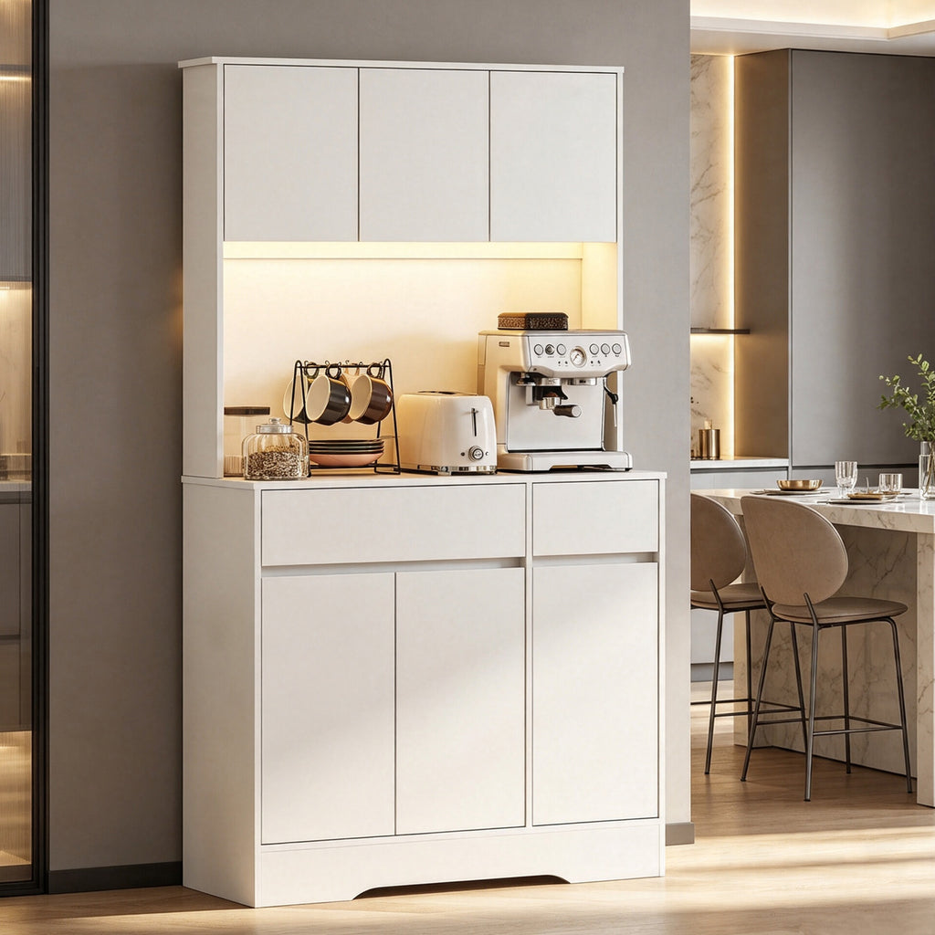 Buffet cuisine meuble cuisine rangement haut avec lumière LED RGB, plan de travail, 6 portes, 2 tiroirs, blanc