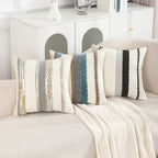 Housses de Coussin Chenille Rayées Boho 45x45 cm - Coton Lin Fermeture Éclair