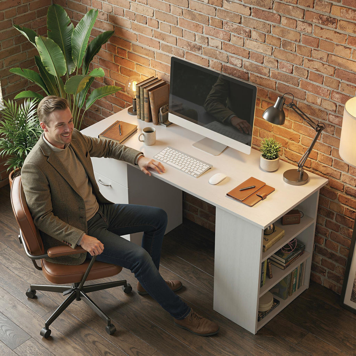 Bureau d'ordinateur avec 3 tiroirs et 3 étagères ouvertes, 120x49x72cm, bureau avec rangement réversible, style moderne, table informatique pour chambre, petit espace, télétravail, blanc