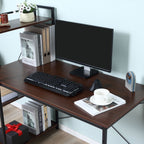 Bureau d'angle avec rangement design Industriel avec bibliothèque 3 étagères panneaux particules aspect noyer