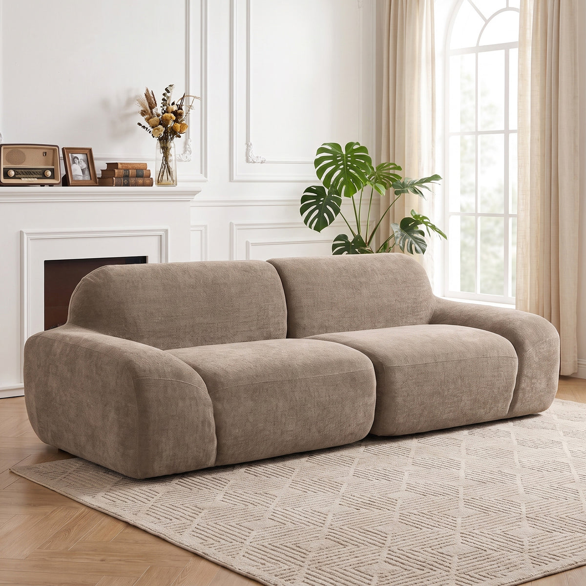 Canapé 3 Places en Chenille 244 cm, Canapé Salon Moderne, Assise et Accoudoirs Larges, Ressorts Ensachés, Marron Clair