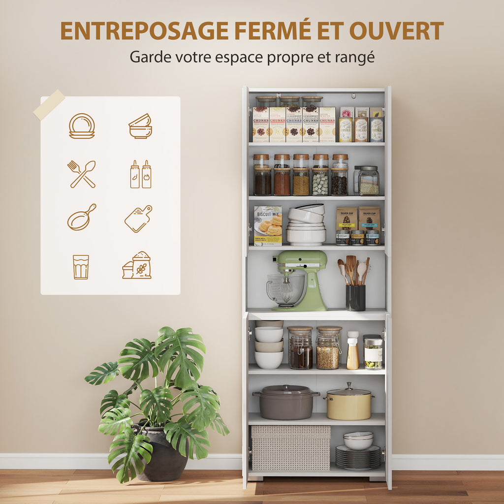 Buffet haut cuisine, armoire de cuisine, 4 portes à fermeture douce et étagères réglables, 68x34x180cm, blanc brillant