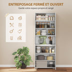 Buffet haut cuisine, armoire de cuisine, 4 portes à fermeture douce et étagères réglables, 68x34x180cm, blanc brillant