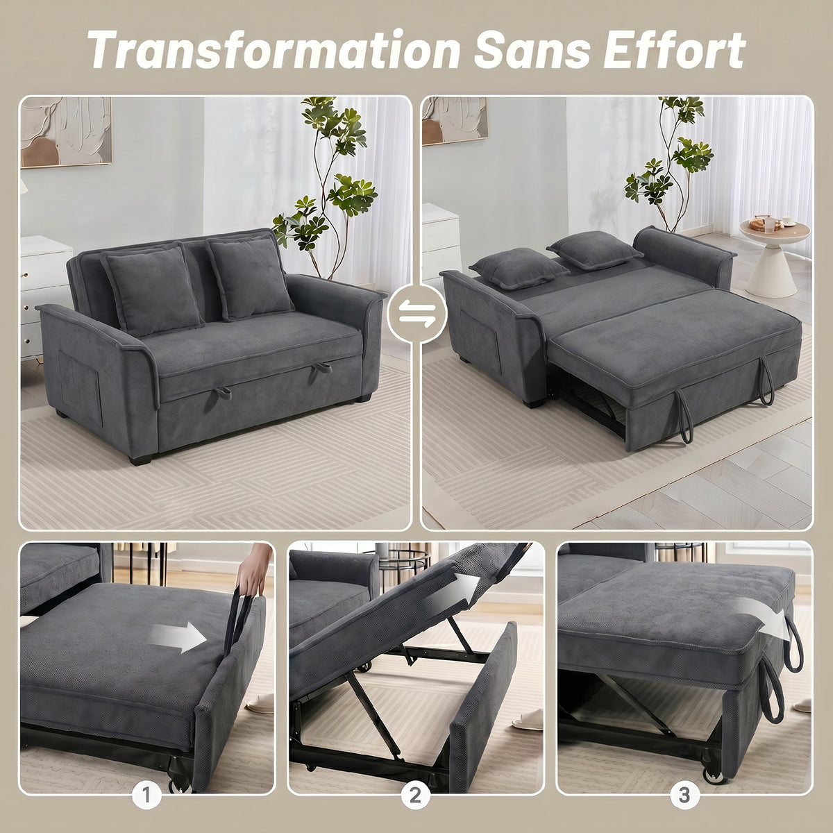 Canapé convertible 2 places, canapé-lit clic-clac en chenille, dossier réglable, 2 coussins, poche latérale, gris