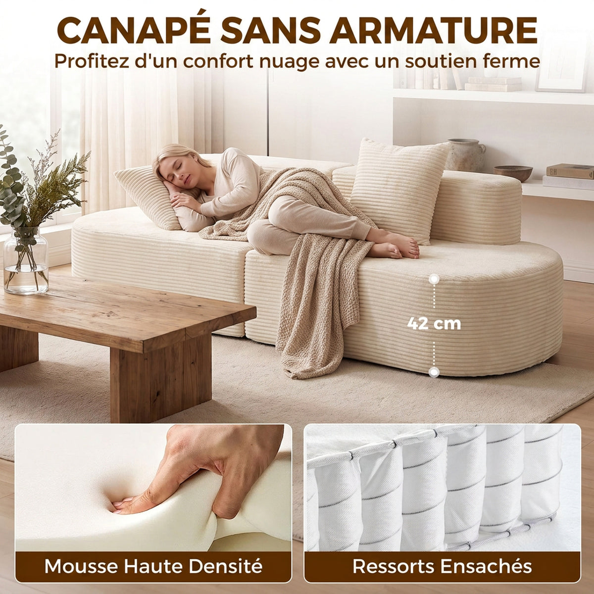 Canapé 3 Places Incurvé, Velours Côtelé 245cm, Canapé Salon, Assise Profonde, 2 Coussins, Compressé Sans Montage, Crème
