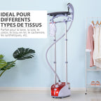 Défroisseur vapeur vertical 1950 W 32g/min, réservoir d'eau de 2 litres, tige télescopique, fer vertical autonomie 45min, 11 températures réglables, prêt en 38s, planche et cintre fournis rouge