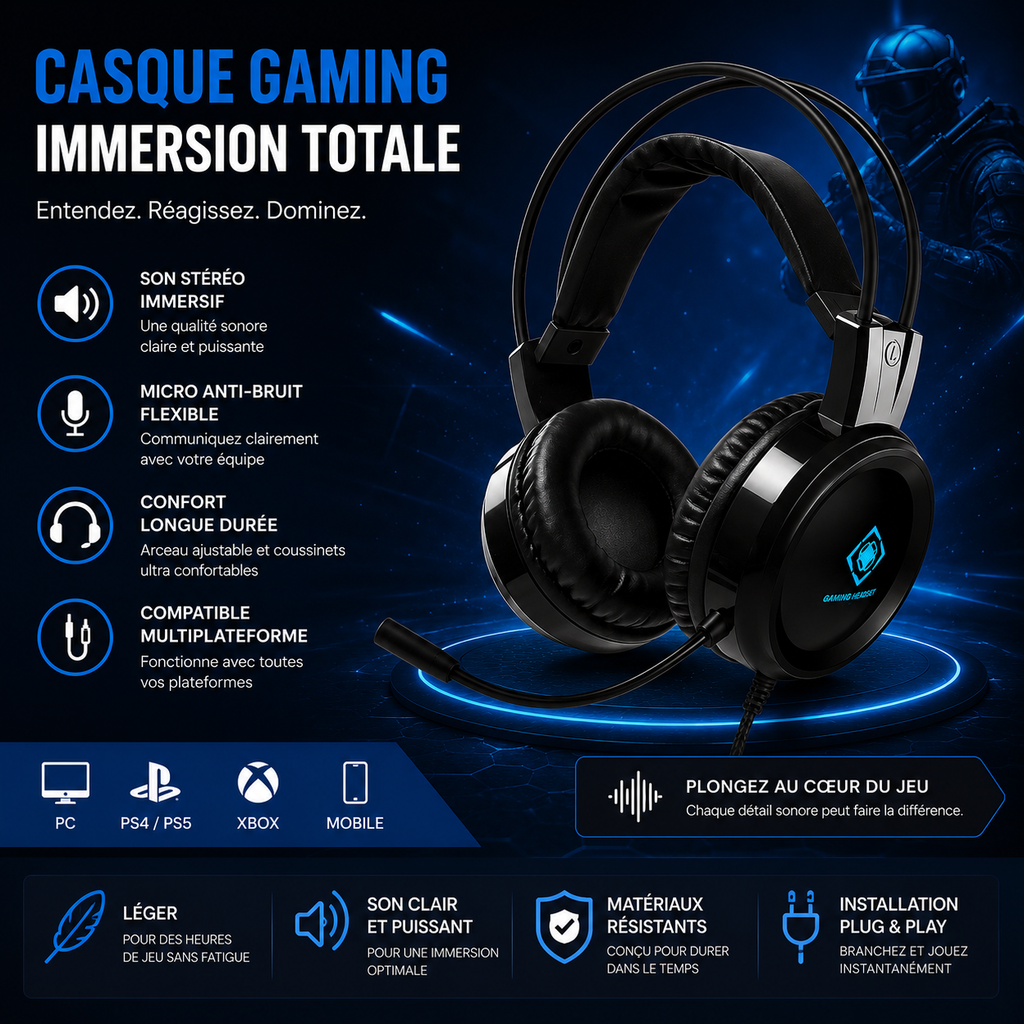 Casque Gaming Deltaco DH110 – Haut-parleurs 50mm, Micro Intégré & LED | Noir