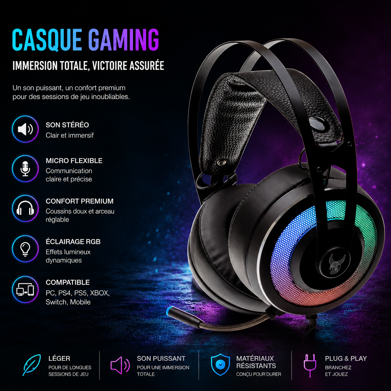 Casque Gaming L33T Gaming NEBULIR RGB – Over-Ear Aluminium, Micro Anti-Bruit & LED | Noir
