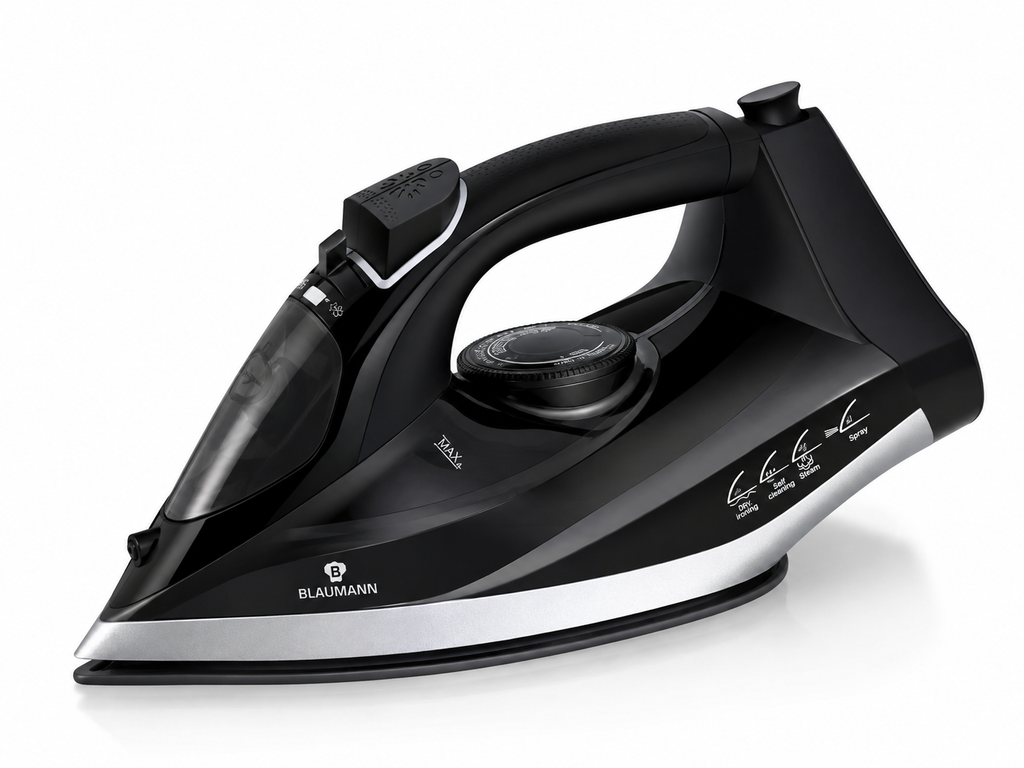 Fer à repasser vapeur Blaumann Black & Silver 1600W – Semelle Aluminium, Auto-nettoyant