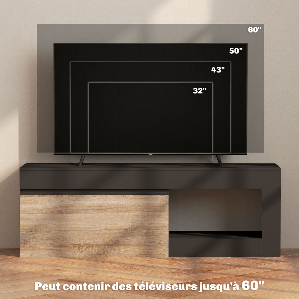 Meuble TV 2 portes pour téléviseurs jusqu'à 60 pouces, meuble télé avec placard et étagère ouverte, noir