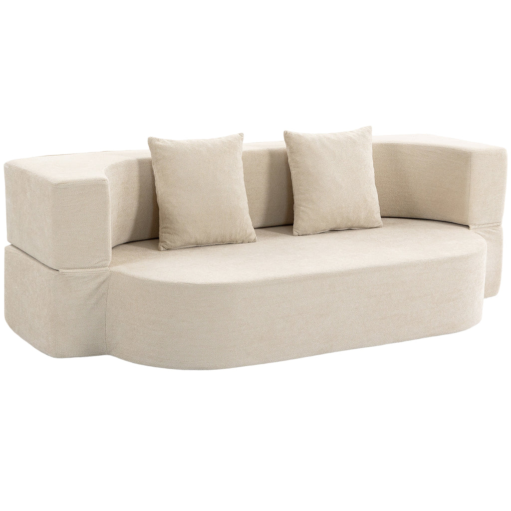 Canapé Convertible 2 Places, Canapé-Lit en Chenille 190cm, Dossier Rabattable, Assise et Accoudoirs Larges, Beige