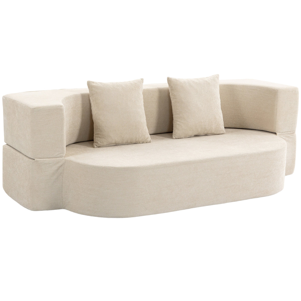 Canapé Convertible 2 Places, Canapé-Lit en Chenille 190cm, Dossier Rabattable, Assise et Accoudoirs Larges, Beige