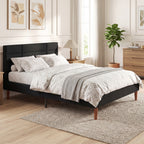 Cadre de Lit 140 x 200 cm avec Sommier Bois, Lit Double Rembourré en Effet Lin, Rangement au-dessous, Sans Bruit, Noir