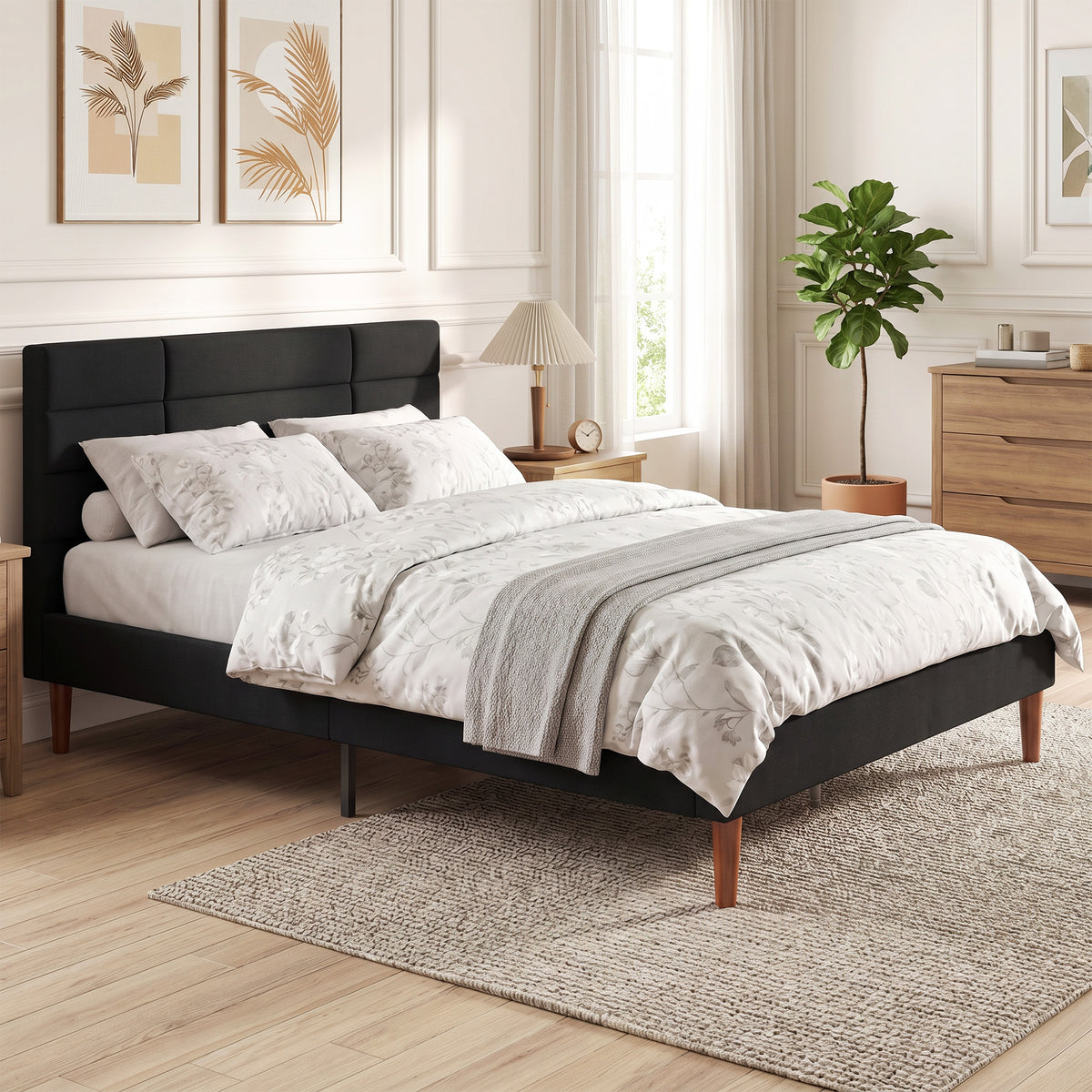 Cadre de Lit 140 x 200 cm avec Sommier Bois, Lit Double Rembourré en Effet Lin, Rangement au-dessous, Sans Bruit, Noir