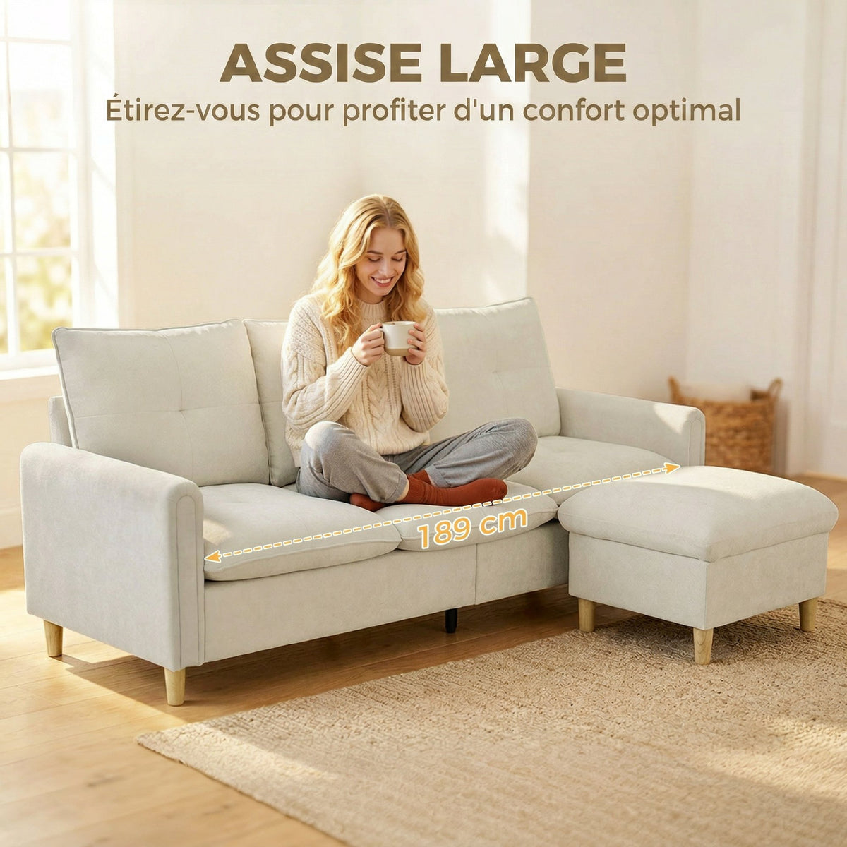 Canapé 3 places avec pouf de rangement, canapé d'angle modulable 210 cm, assise large, tissu aspect lin, crème