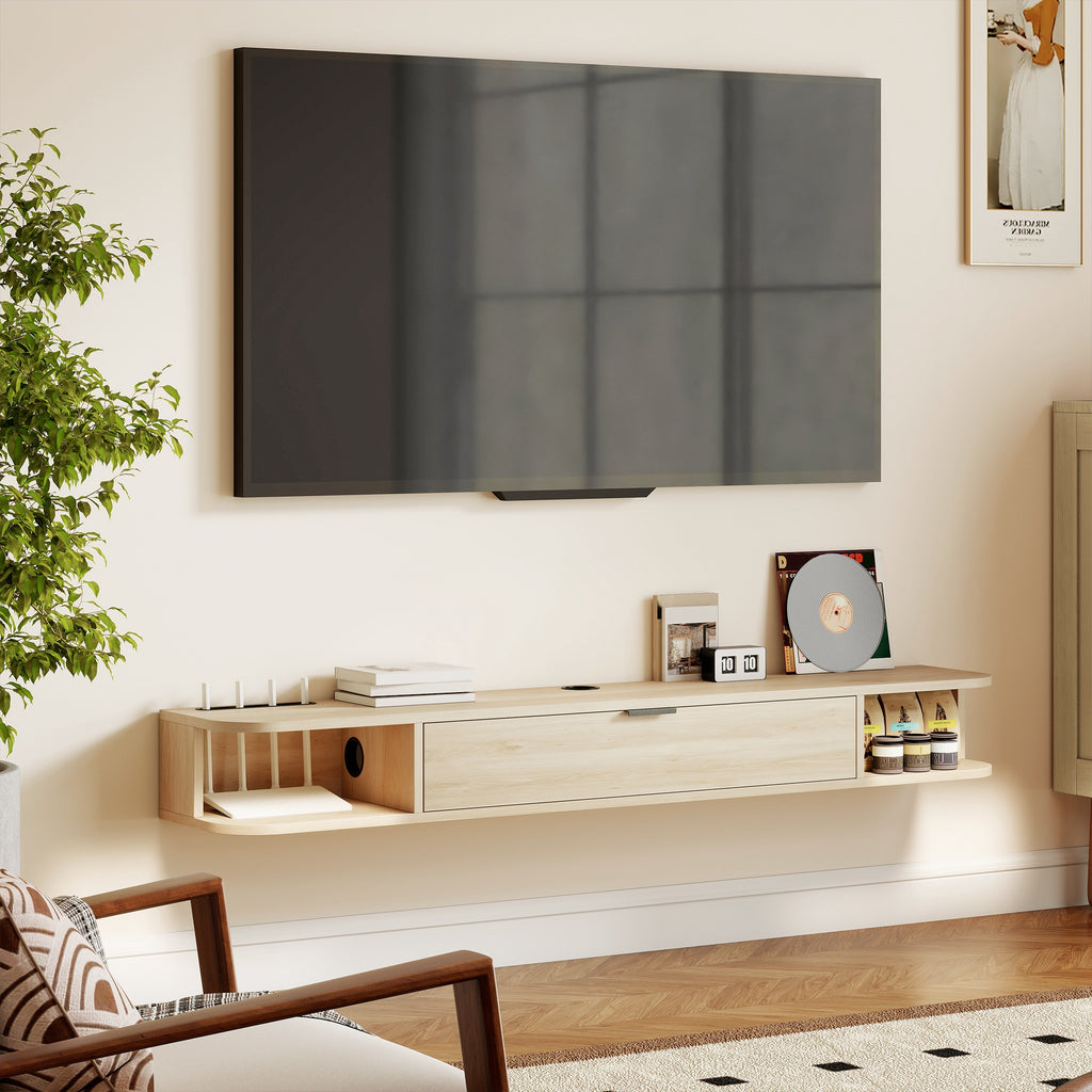 Meuble TV Suspendu Bois Naturel 140 cm – Tiroir Rabattable, 2 Étagères, Pour TV jusqu'à 60"