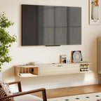 Meuble TV Suspendu Bois Naturel 140 cm – Tiroir Rabattable, 2 Étagères, Pour TV jusqu'à 60"