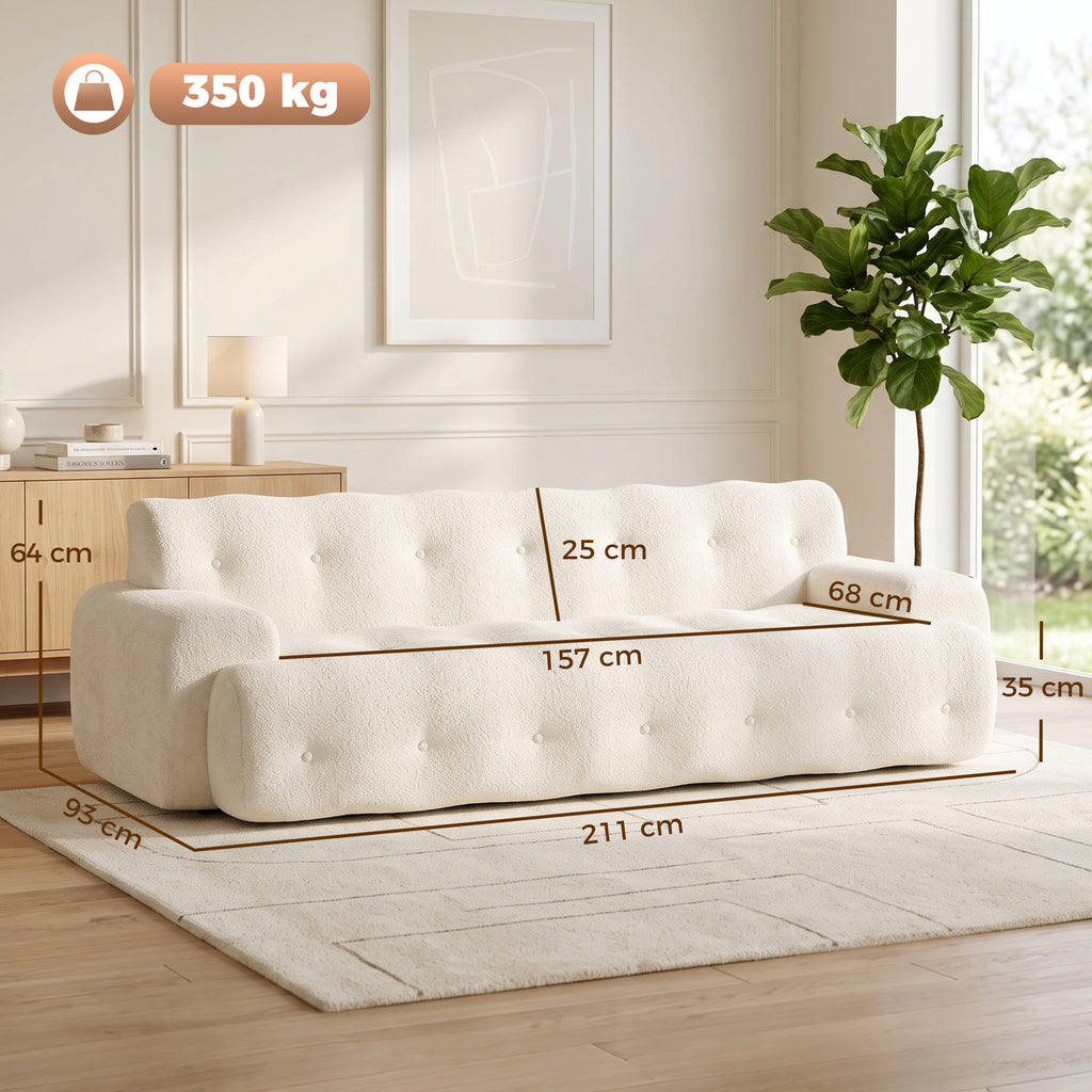 Canapé 3 Places en Chenille 211 cm, Canapé Salon, Assise Profonde, Entièrement Compressé Sans Montage, Crème