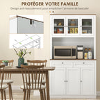 Buffet haut cuisine, armoire de cuisine, 6 portes, 2 tiroirs, plan de travail, étagères réglables, 100x40x180cm, blanc