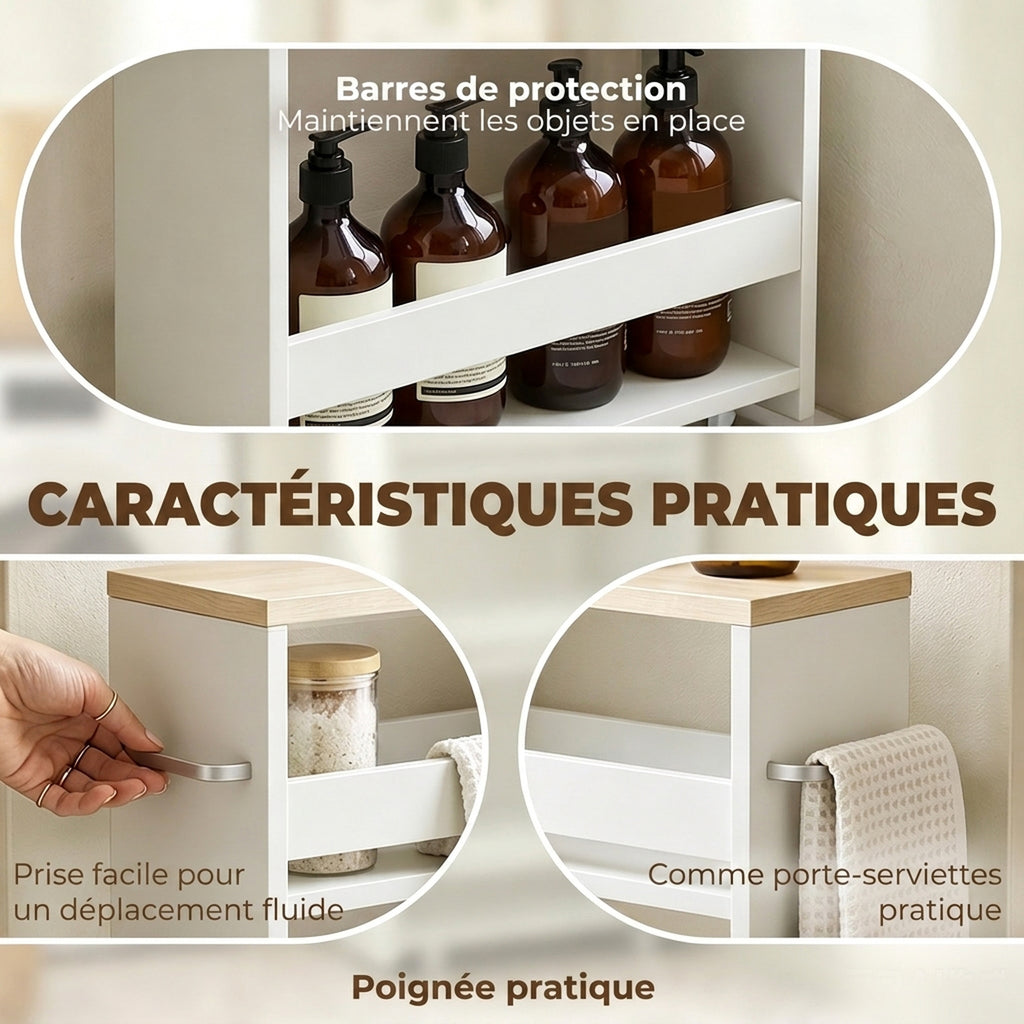 Chariot de rangement à 3 niveaux chariot de stockage étagère sur roulettes pour cuisine étroite salle de bain buanderie bureau avec poignée - 48 x 15 x 80 cm blanc