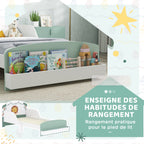 Lit enfant 70 x 140 cm, lit pour enfant avec barriere de securite et sommier à lattes, espace de rangement, vert