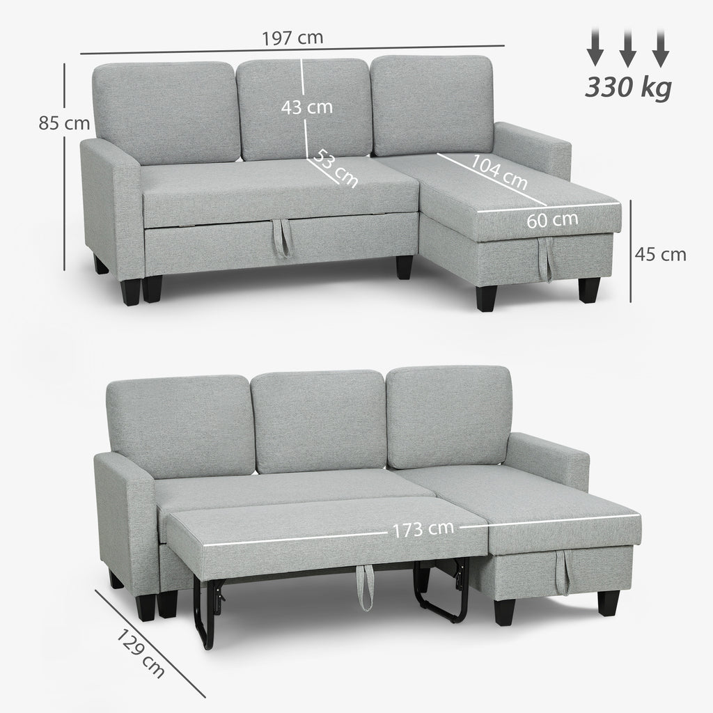 Canapé d'angle convertible réversible, canapé-lit 3 places, méridienne, coffre de rangement, 197lx129x 85cm, gris clair