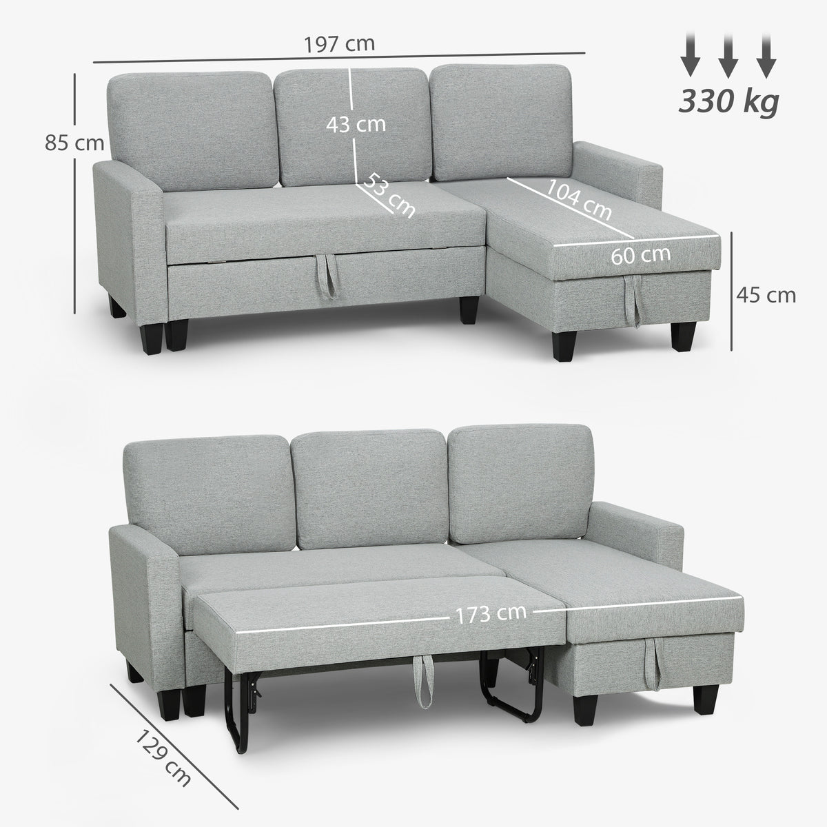 Canapé d'angle convertible réversible, canapé-lit 3 places, méridienne, coffre de rangement, 197lx129x 85cm, gris clair