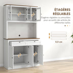 Buffet haut cuisine, armoire de cuisine, 6 portes, 2 tiroirs, plan de travail, étagères réglables, 100x40x180cm, blanc