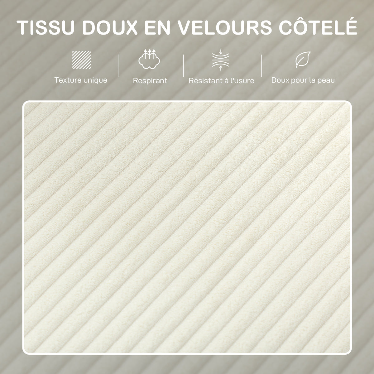 Canapé 3 places en velours côtelé, canapé avec coussins à ressorts et assise rembourré, 192x80x84,5cm, beige