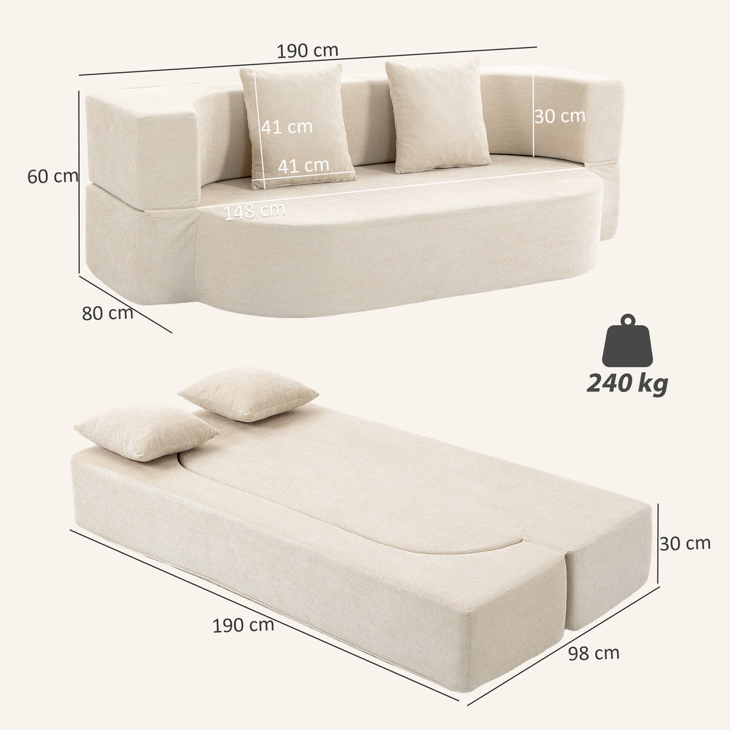 Canapé Convertible 2 Places, Canapé-Lit en Chenille 190cm, Dossier Rabattable, Assise et Accoudoirs Larges, Beige