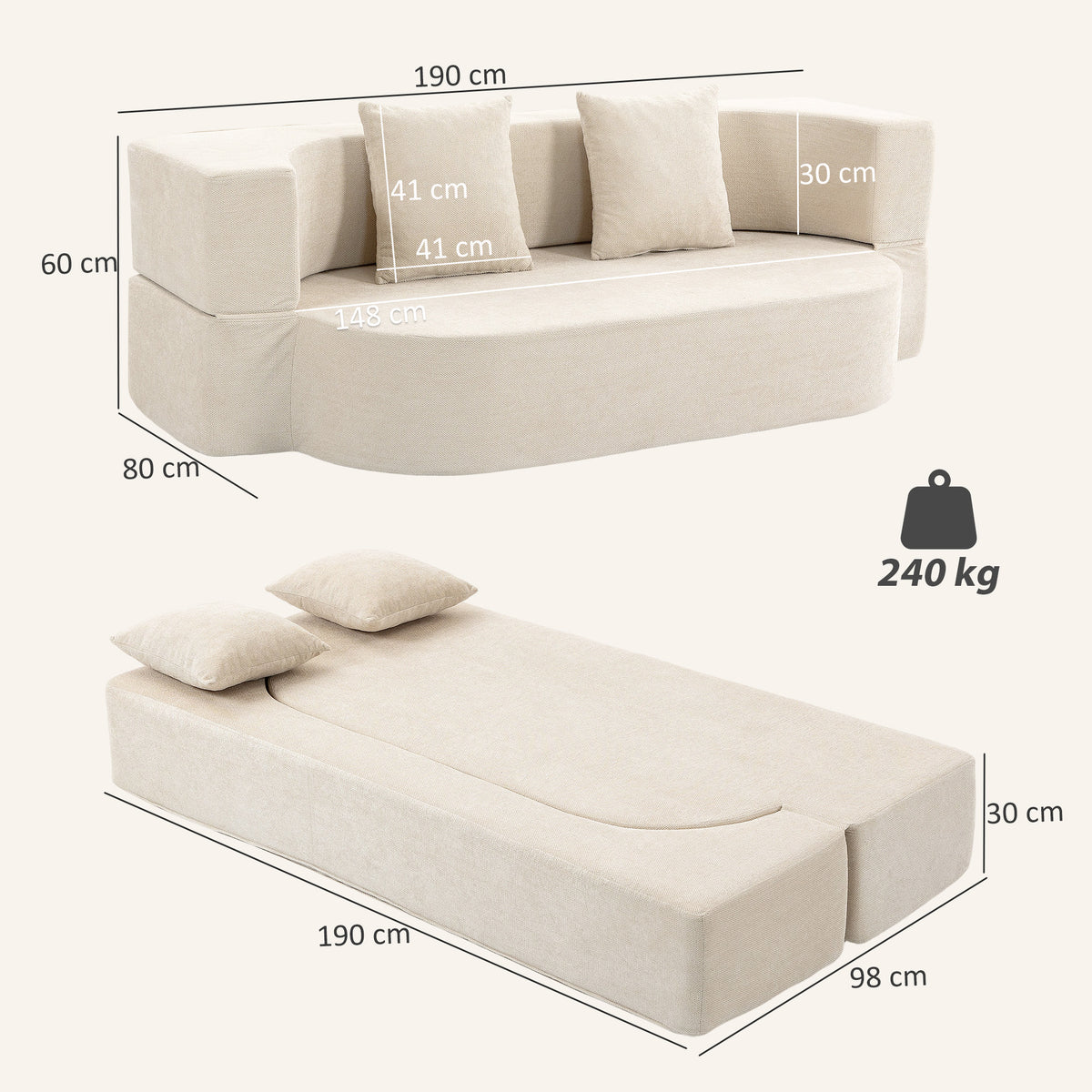 Canapé Convertible 2 Places, Canapé-Lit en Chenille 190cm, Dossier Rabattable, Assise et Accoudoirs Larges, Beige