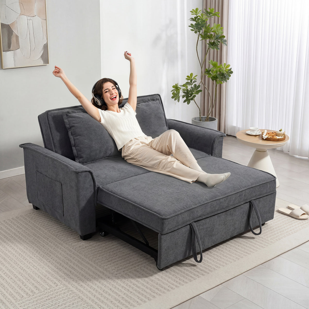 Canapé convertible 2 places, canapé-lit clic-clac en chenille, dossier réglable, 2 coussins, poche latérale, gris