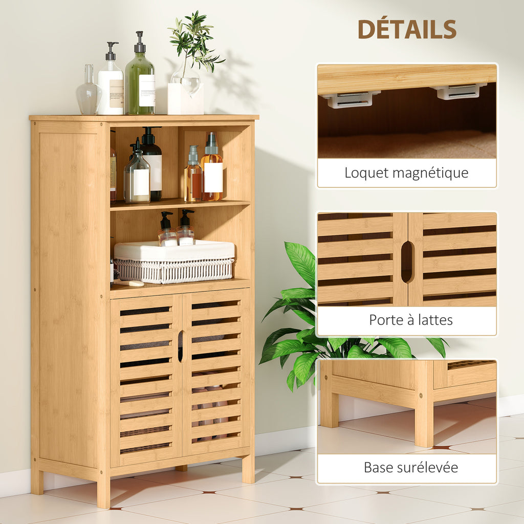 Meuble de rangement salle de bain en bambou avec 2 portes ajourées et 2 compartiments 50 x 29 x 92 cm naturel