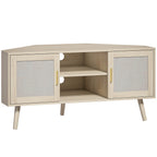 Meuble TV d'Angle 115 cm, Meuble Télé pour Téléviseur jusqu'à 65 Pouces, 2 Portes en Rotin  2 Compartiments, Chêne