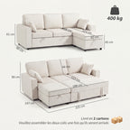 Canapé d'Angle Convertible en Chenille, Canapé-Lit 3 Places Modulaire 225 cm avec Pouf de Rangement, Beige