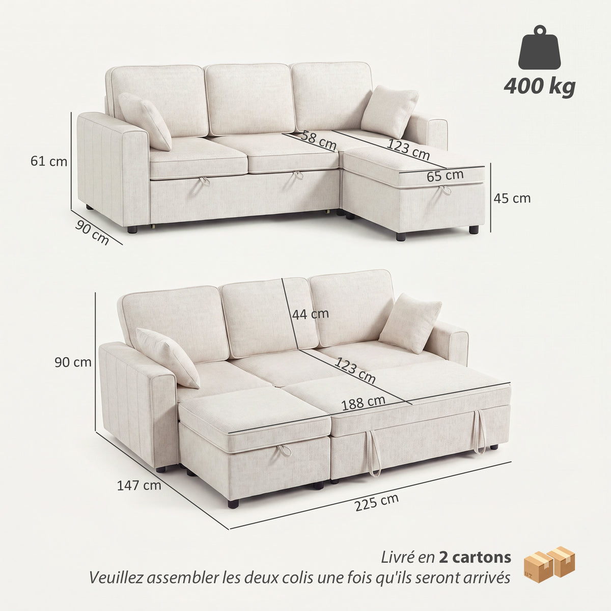 Canapé d'Angle Convertible en Chenille, Canapé-Lit 3 Places Modulaire 225 cm avec Pouf de Rangement, Beige
