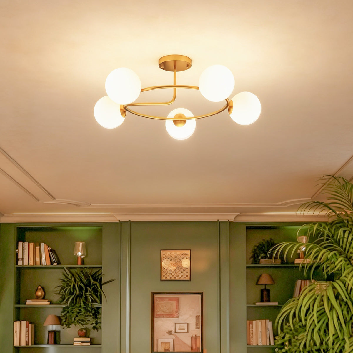 Plafonnier lustre moderne, luminaire plafonnier à 5 lumières avec culot G9, montage semi-affleurant, doré et blanc