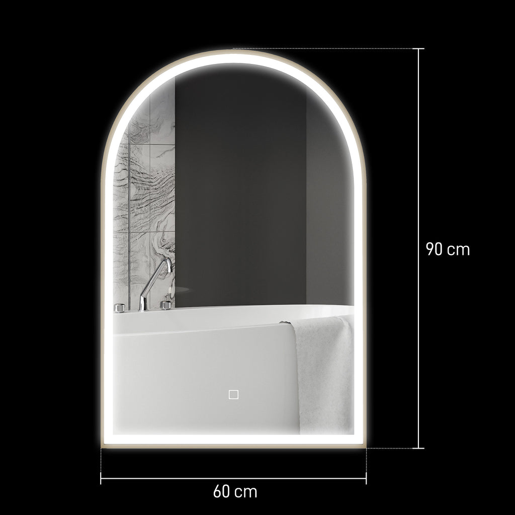 Miroir de salle de bain LED 90 x 60cm, mural, 3 couleurs, arqué cadre en aluminium, désembuage et interrupteur tactile
