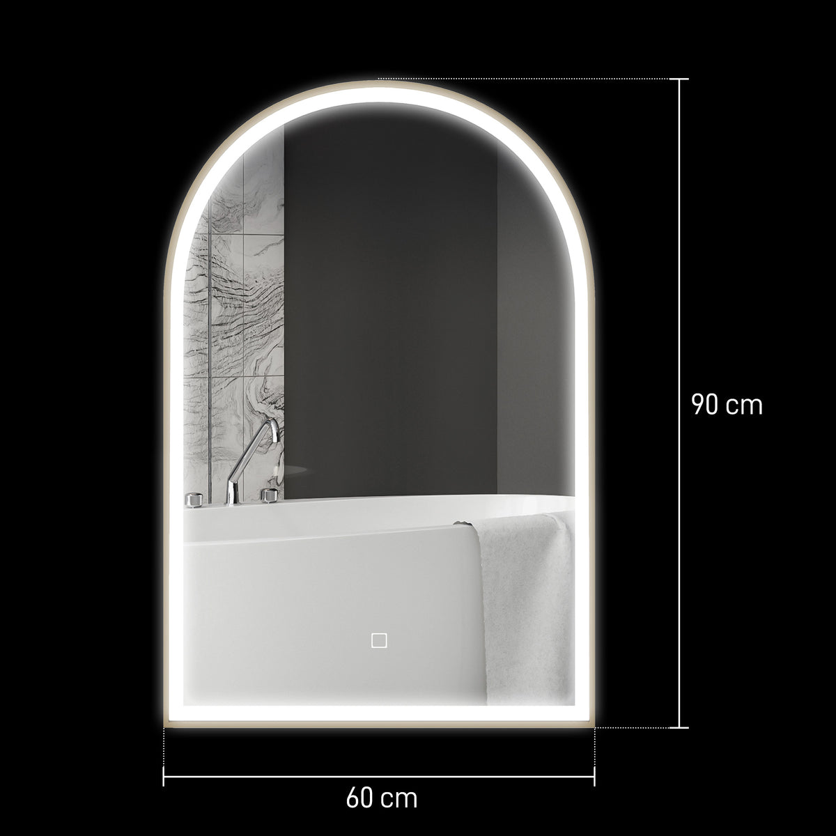 Miroir de salle de bain LED 90 x 60cm, mural, 3 couleurs, arqué cadre en aluminium, désembuage et interrupteur tactile
