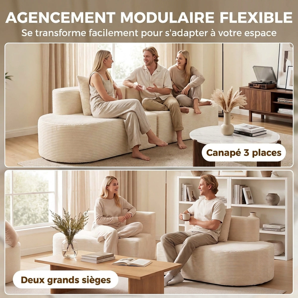Canapé 3 Places Incurvé, Velours Côtelé 245cm, Canapé Salon, Assise Profonde, 2 Coussins, Compressé Sans Montage, Crème