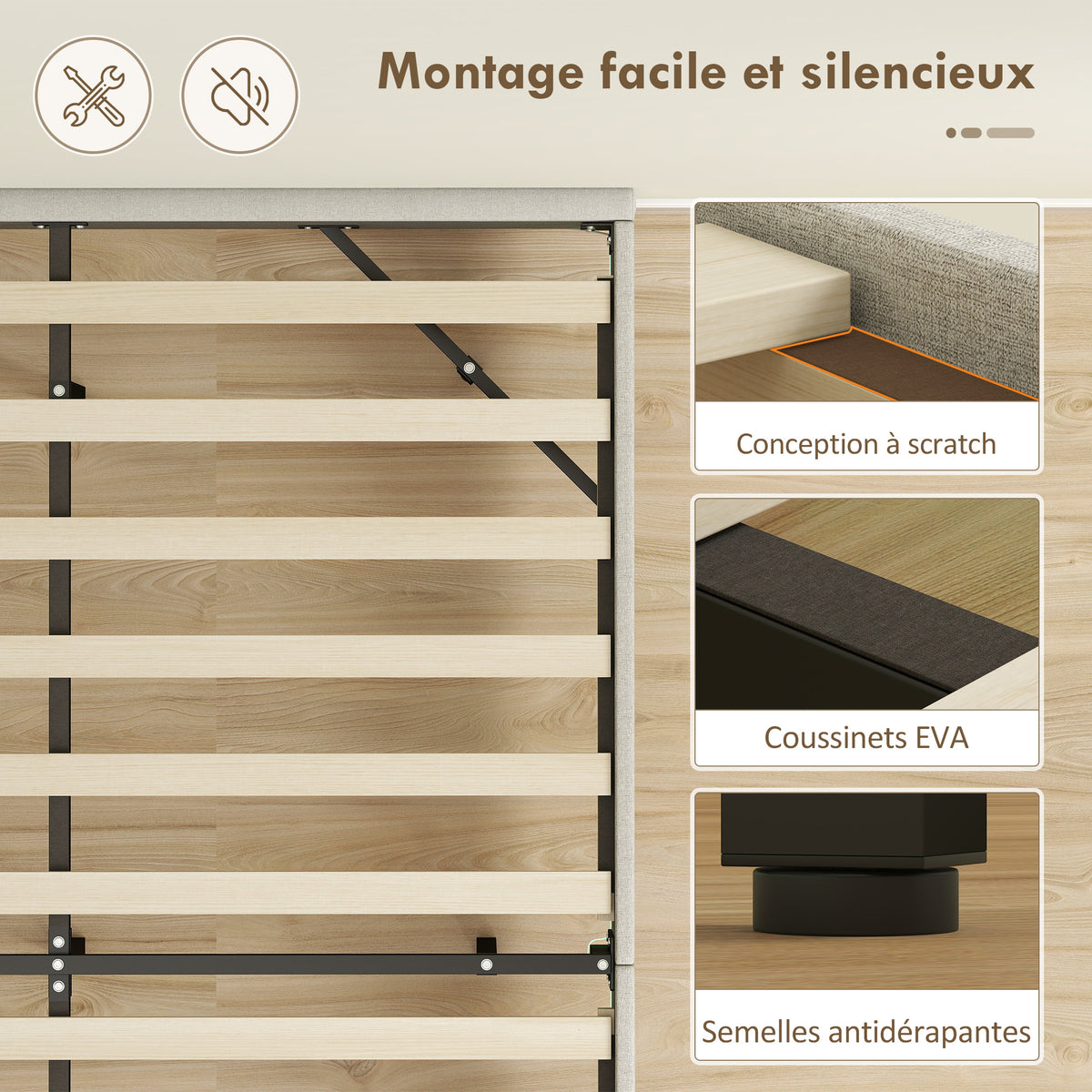 Cadre de lit flottant 140 x 190 cm avec éclairage LED, lit double rembourré en lin, sommier à lattes en bois, beige