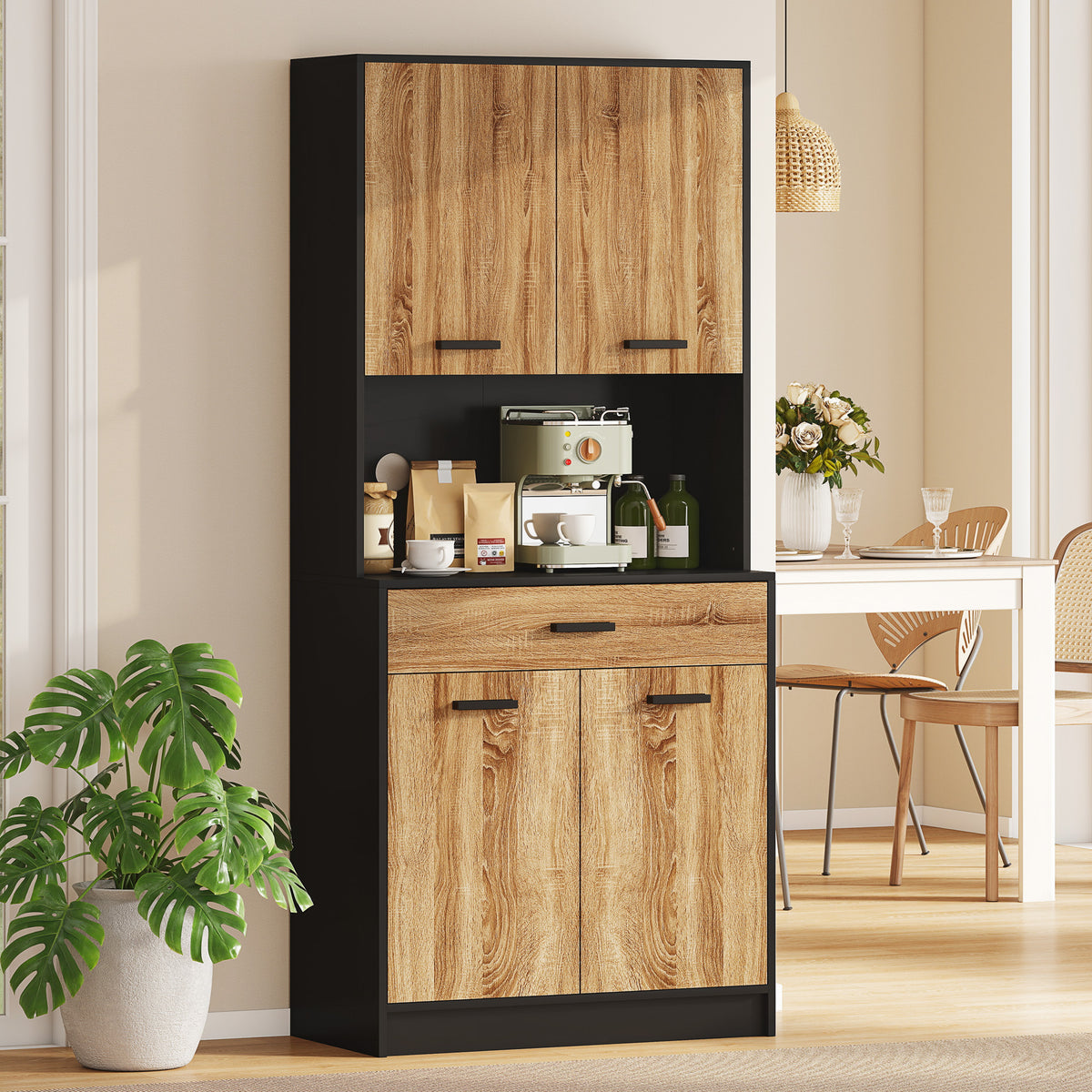 Armoire de cuisine Buffet meuble de rangement, 2 placards 4 portes 1 tiroir, passe-câbles 80L x 40P x 180H cm