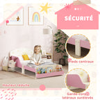 Lit enfant 70 x 140 cm, lit pour enfant avec barriere de securite et sommier à lattes, espace de rangement, rose