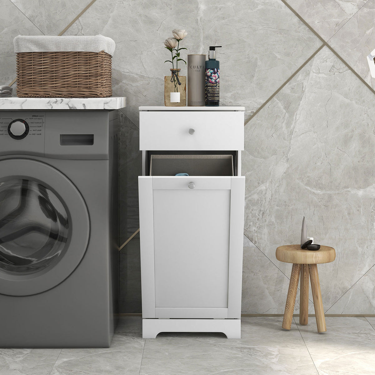 Meuble de salle de bain avec panier à linge, meuble de rangement avec tiroir - 40L x 38l x 90,5H cm - blanc