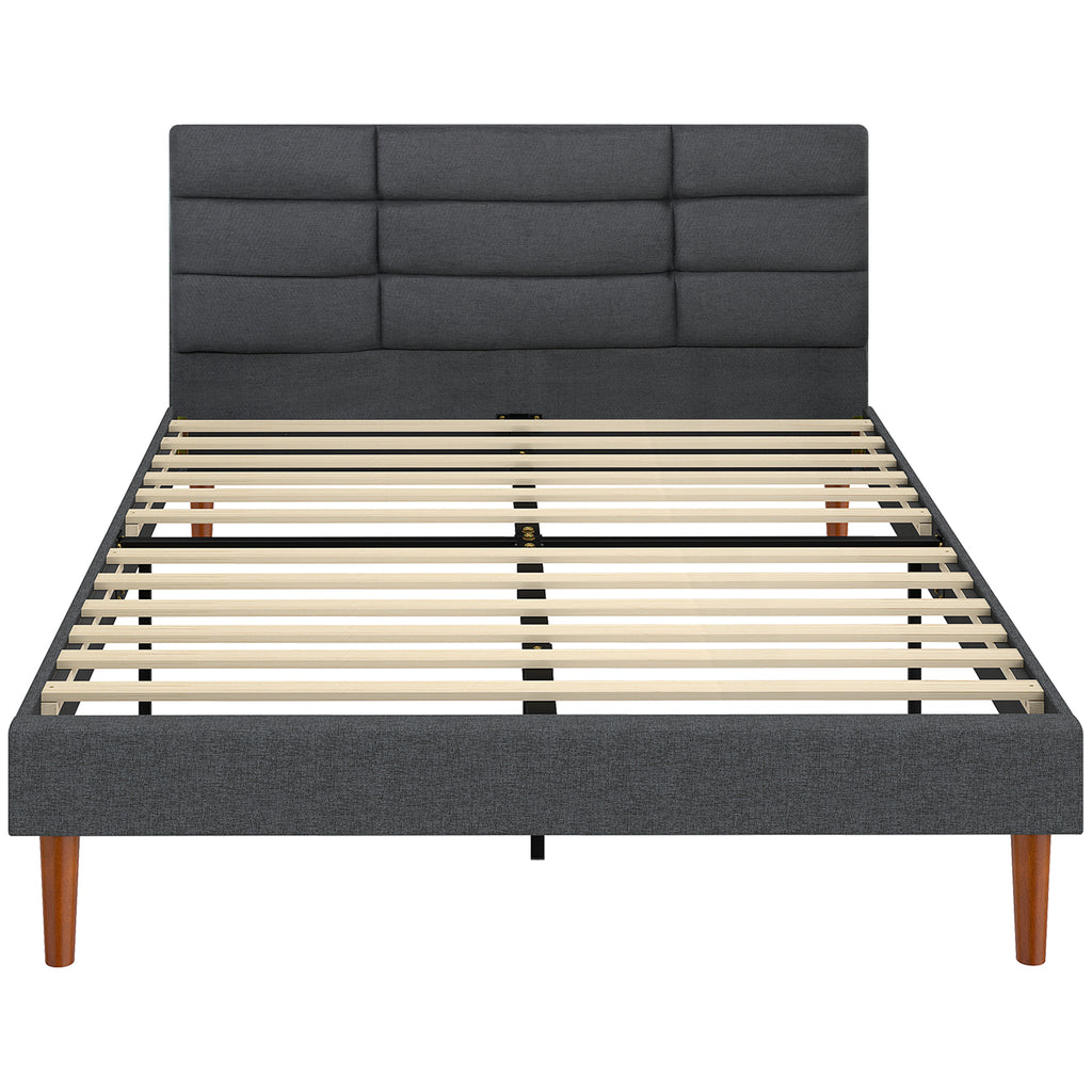 Cadre de Lit 140 x 200 cm avec Sommier Bois, Lit Double Rembourré en Effet Lin, Rangement au-dessous, Sans Bruit, Gris