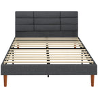 Cadre de Lit 140 x 200 cm avec Sommier Bois, Lit Double Rembourré en Effet Lin, Rangement au-dessous, Sans Bruit, Gris